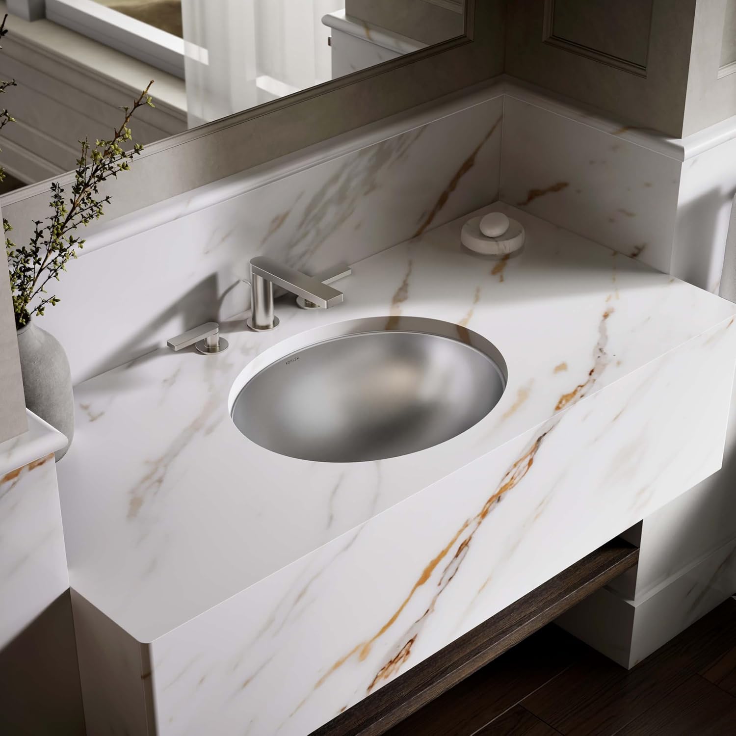 KOHLER K-2608-SU-NA Bachata Drop-In/Undermount Bathroom Sink with Luster Finish, Without Overflow, Stainless Steel