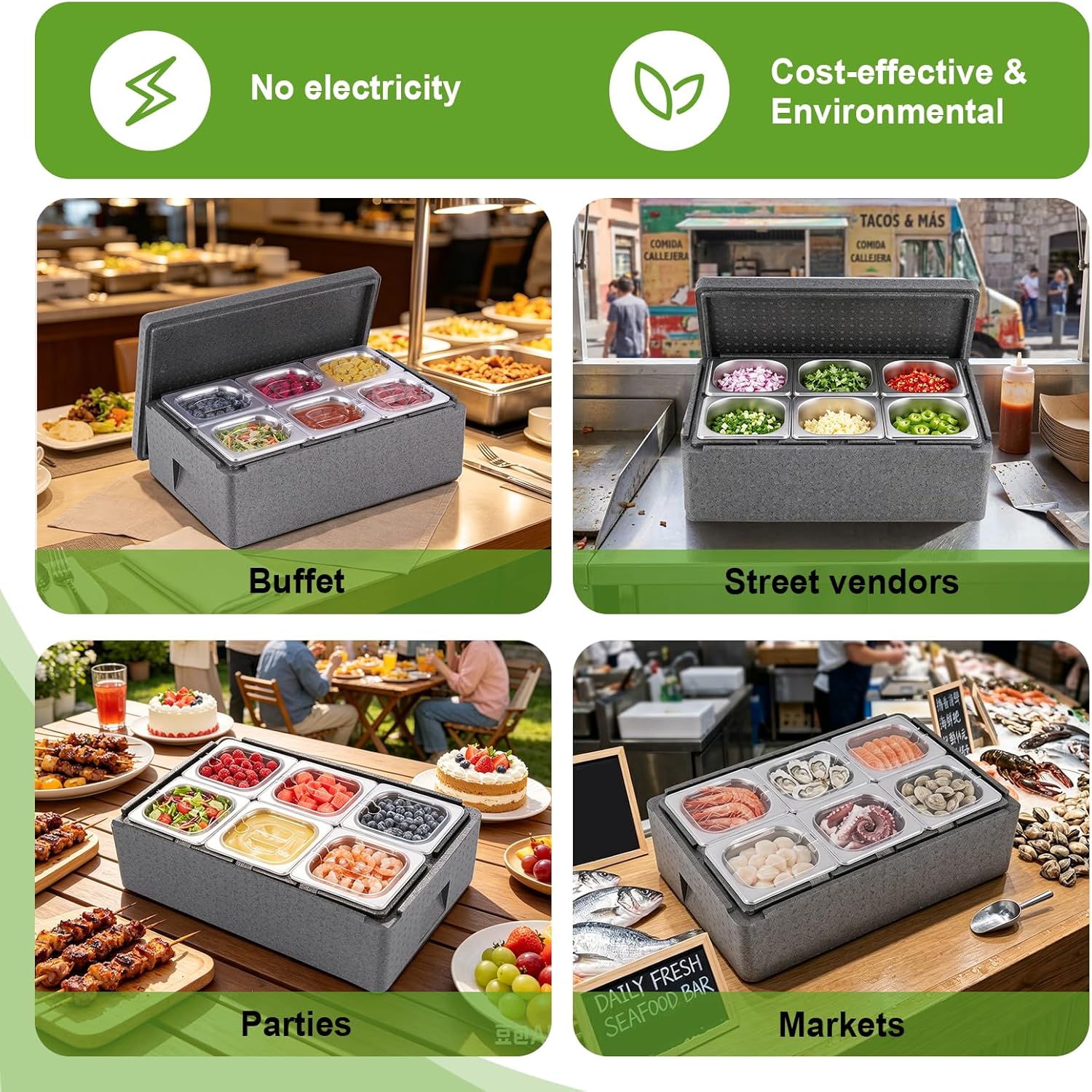 Insulated Cold Food Buffet Ice Serving Trays 6 Lids 6 Pans 2 Ice Packs Insulation Box Cooled Condiment Serving Container Ice Platter Food Cooler for Parties Buffets Fruit Market