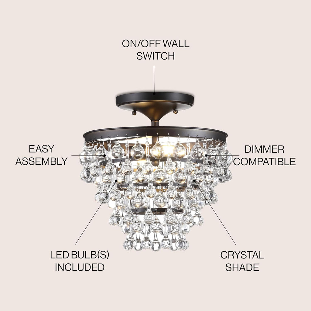 JONATHAN Y 13' Oil Rubbed Bronze Metal LED Flush Mount Ceiling Light Fixture, Clear Crystal Drum Shade for Bedroom Hallway, Modern Glam Chandelier, LED Bulb Included (JYL9029A)