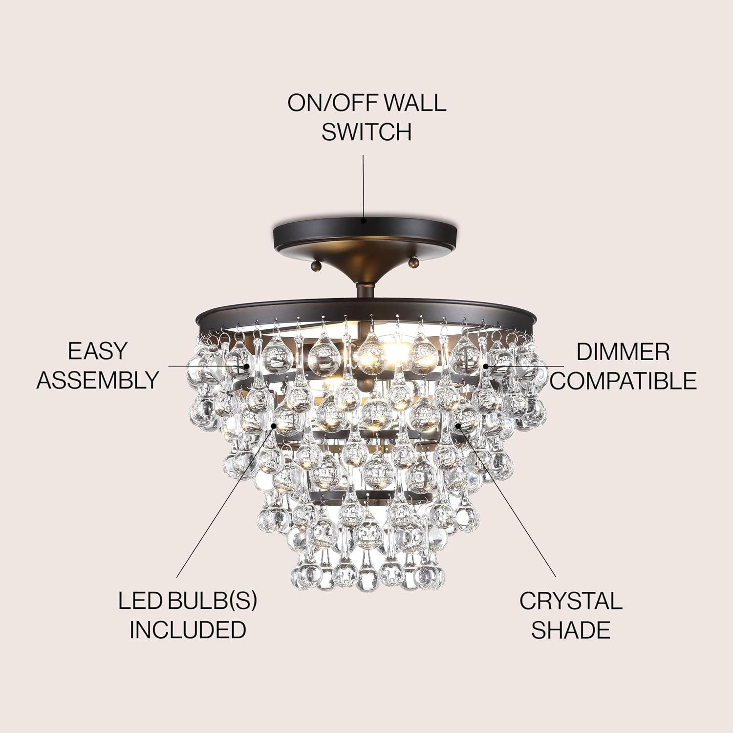 JONATHAN Y 13' Oil Rubbed Bronze Metal LED Flush Mount Ceiling Light Fixture, Clear Crystal Drum Shade for Bedroom Hallway, Modern Glam Chandelier, LED Bulb Included (JYL9029A)