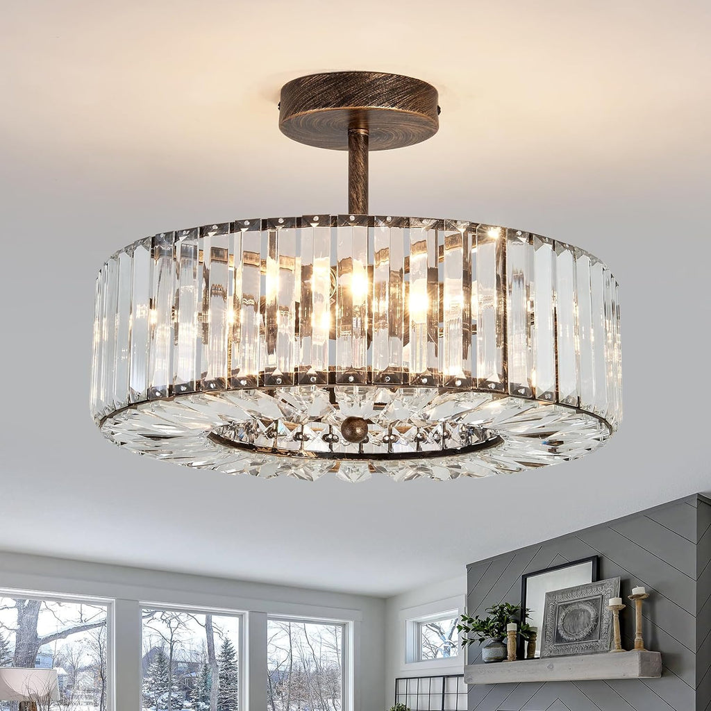 Piepooye 4 Lights Modern Crystal Chandelier Oil Rubbed Bronze Round Semi Flush Mount Ceiling Light Fixture Farmhouse Chandelier for Dinning Room Living Room Bedroom Hallway Entryway Kitchen