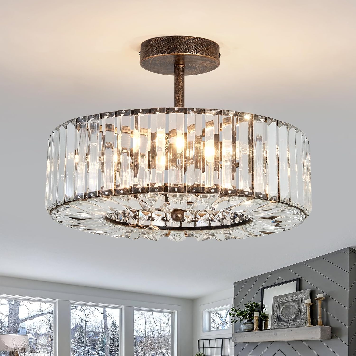 Piepooye 4 Lights Modern Crystal Chandelier Oil Rubbed Bronze Round Semi Flush Mount Ceiling Light Fixture Farmhouse Chandelier for Dinning Room Living Room Bedroom Hallway Entryway Kitchen