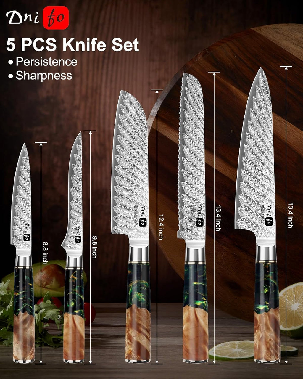 5 Pieces Damascus Knife Set, Japanese Chef Knife Set with Galaxy Pattern Resin Handle, 67-Layers Damascus Steel, Gift Box Included 5' Paring, 6' Boning, 7' Santoku, 8' Chef & 8' Bread Damascus Knives