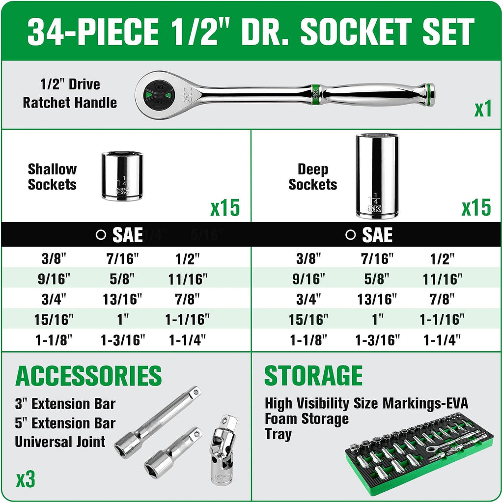 SK 1/2' Drive Socket Set with 160-P Ratchet, 34-Piece, SAE, SuperKrome Finish, Premium CR-V Construction, with EVA Foam Tool Organizer
