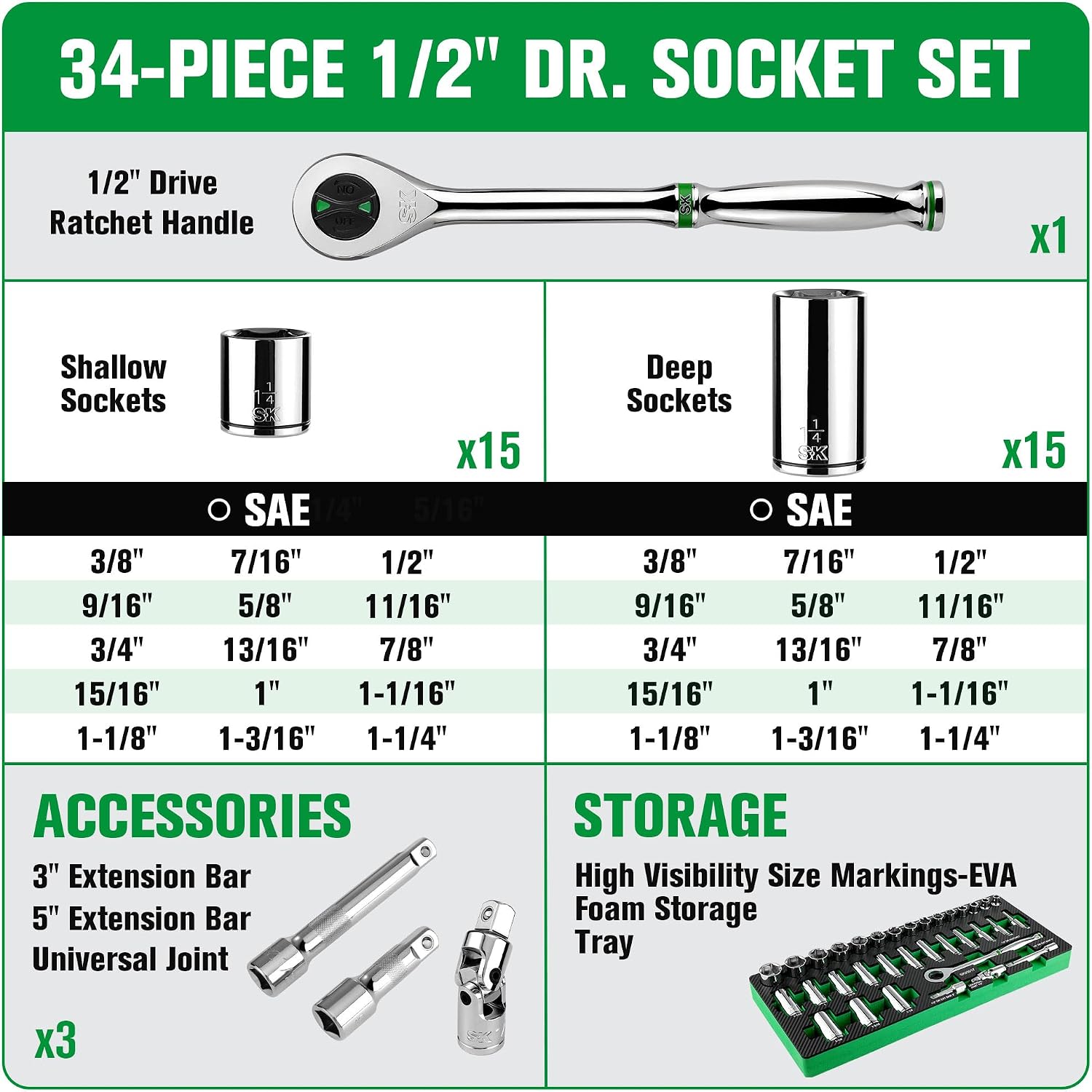 SK 1/2' Drive Socket Set with 160-P Ratchet, 34-Piece, SAE, SuperKrome Finish, Premium CR-V Construction, with EVA Foam Tool Organizer