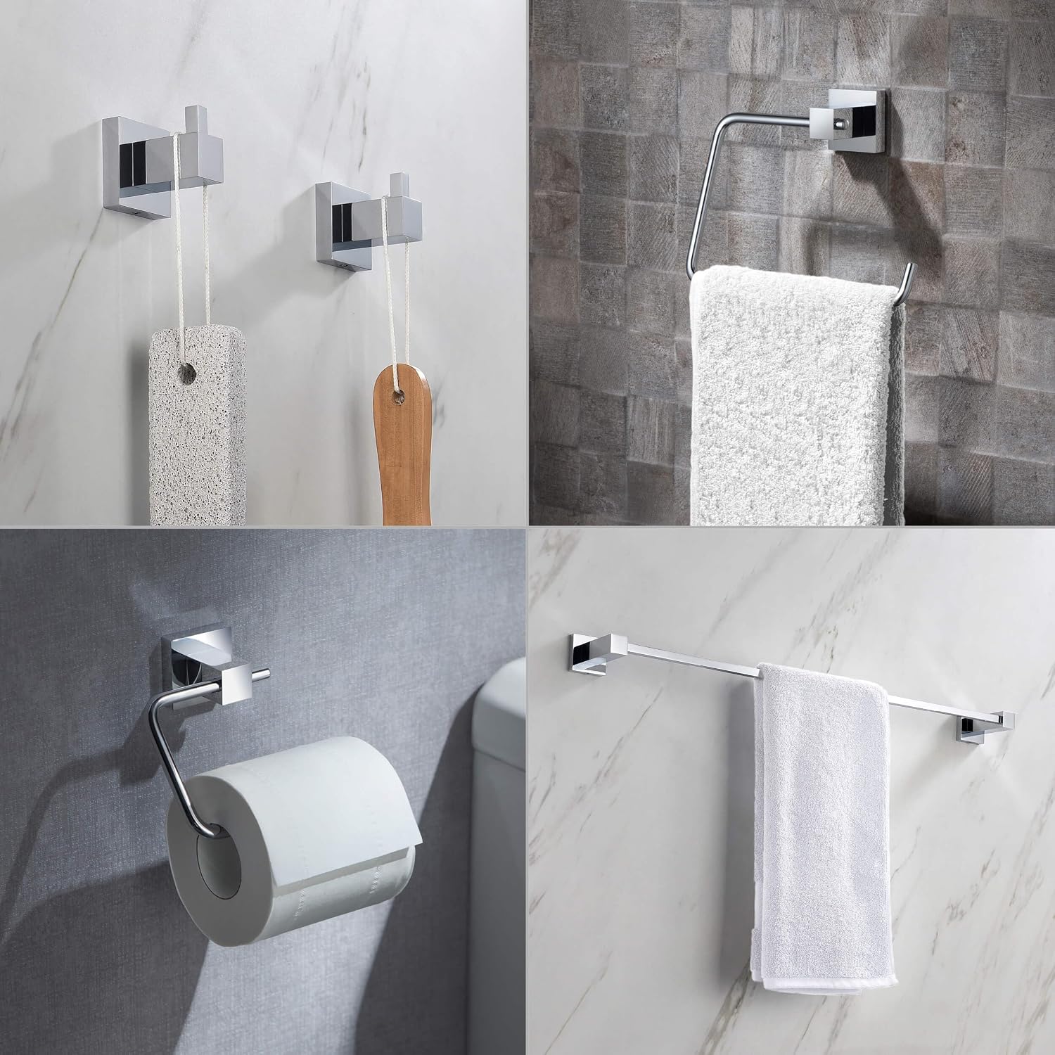 KIBI Cube Bathroom Hardware Set 5 Piece Bathroom Accessories Set | Towel Bar (24'), Towel Ring, Toilet Paper Holder, Robe Hooks (Chrome) (C-KBA15-5-2)