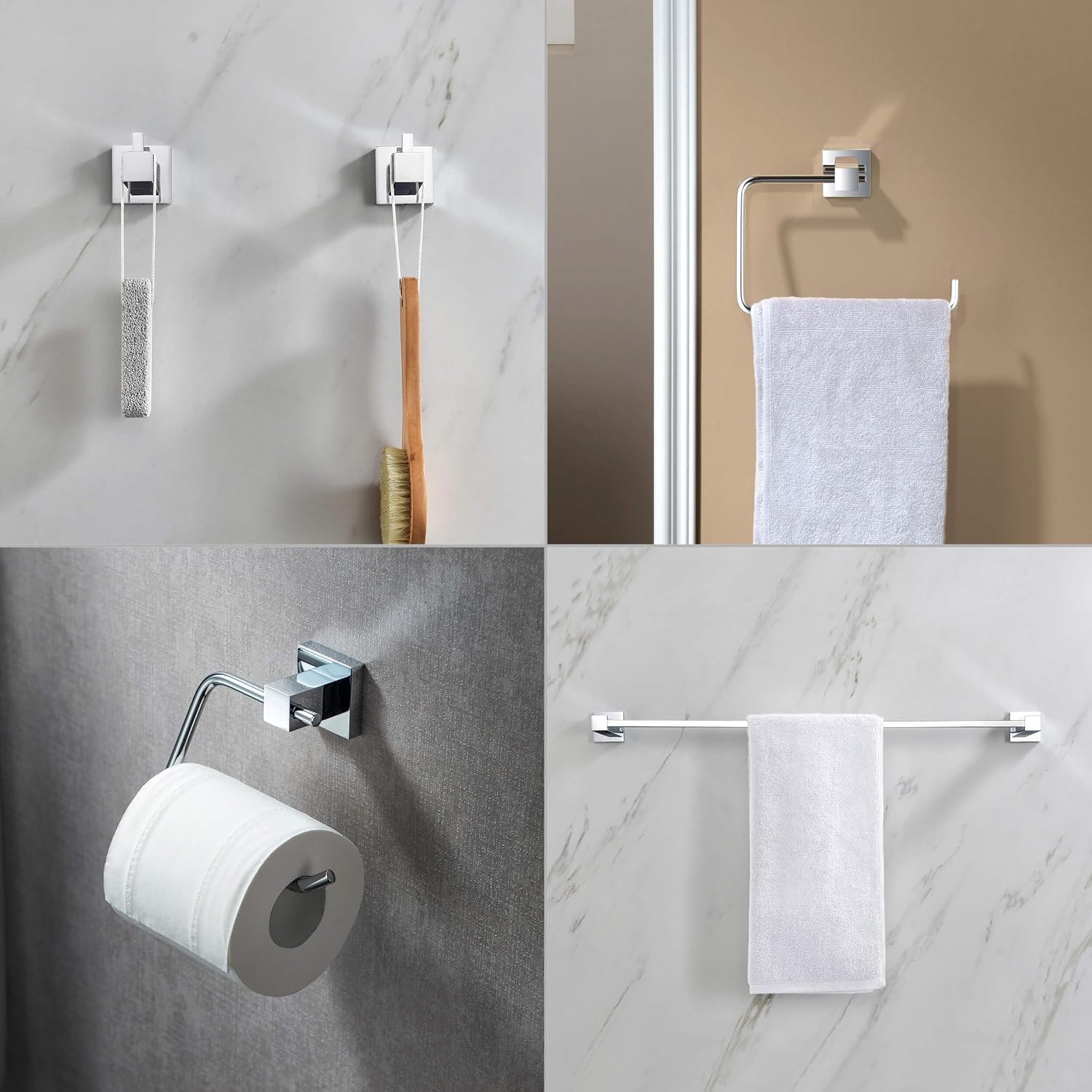 KIBI Cube Bathroom Hardware Set 5 Piece Bathroom Accessories Set | Towel Bar (24'), Towel Ring, Toilet Paper Holder, Robe Hooks (Chrome) (C-KBA15-5-2)
