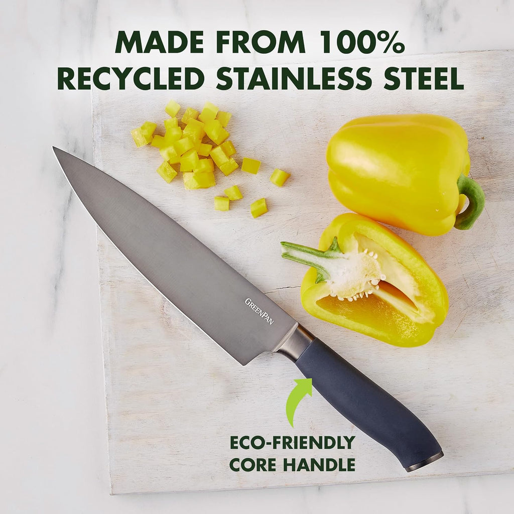 GreenPan 16-Piece Knife Block Set, Professional Stainless Steel Blades with Titanium Coating, Ultra-Sharp Kitchen Cutlery, Chef, Santoku, Bread & Steak Knives, Ergonomic Grip, Slip Resistant, Gray