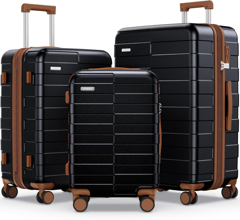 Vipbox Luggage Sets 3 Piece (3-YEARS VIP SERVICE) Hardshell Expandable Lightweight Ultra Durable 100% PC Carry On Travel Suitcase Set with TSA Lock Spinner Wheels, Premium Black