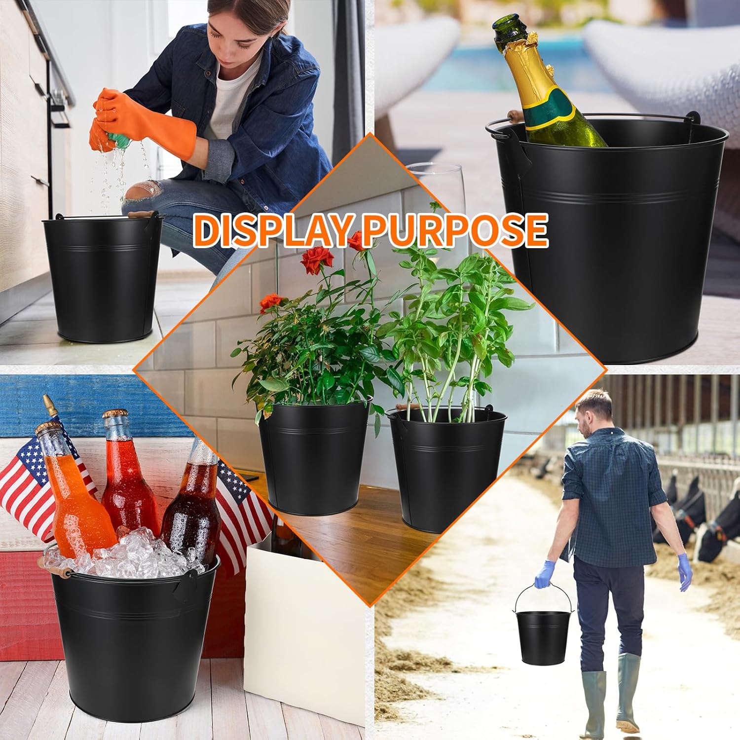 Didaey 24 Pcs 9 Quart Large Galvanized Metal Buckets with Handle Inch Heavy Duty Stainless Steel Pails Round Pail for Party Wedding, Crafts, Utensils, Table Centerpieces (Black)