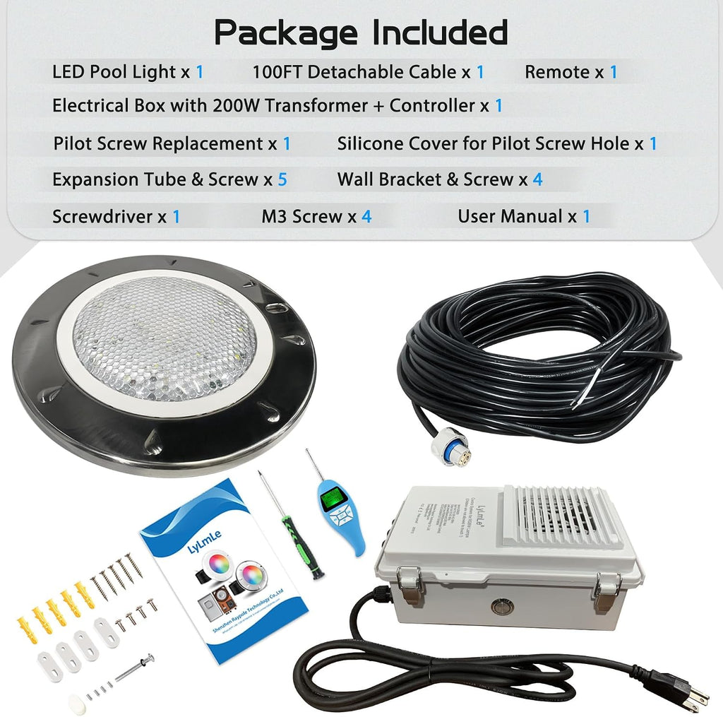 LyLmLe Pool Light for Inground Pools, 65W 12V RGBW LED Multicolor Inground Pool Light with Transformer & Controller, 316 Stainless Steel,14 Color Lights Show Underwater Lights for 10' Niche,100FT Cord