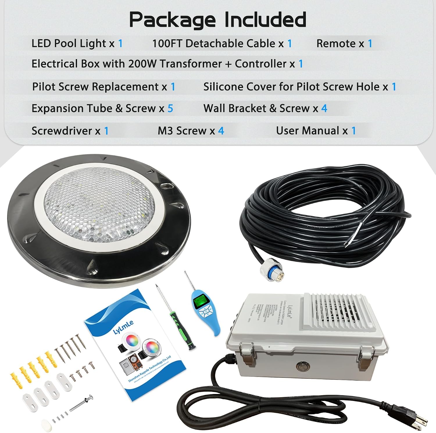 LyLmLe Pool Light for Inground Pools, 65W 12V RGBW LED Multicolor Inground Pool Light with Transformer & Controller, 316 Stainless Steel,14 Color Lights Show Underwater Lights for 10' Niche,100FT Cord