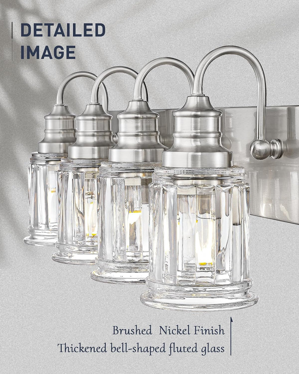 Brushed Nickel Bathroom Light, HWH 4-Light Vanity Lights for Bathroom Vanity Sconce Over Mirror, Wall Mounted Light Fixtures with Bell-Shaped Striped Glass, 5HZG106B-4W BN