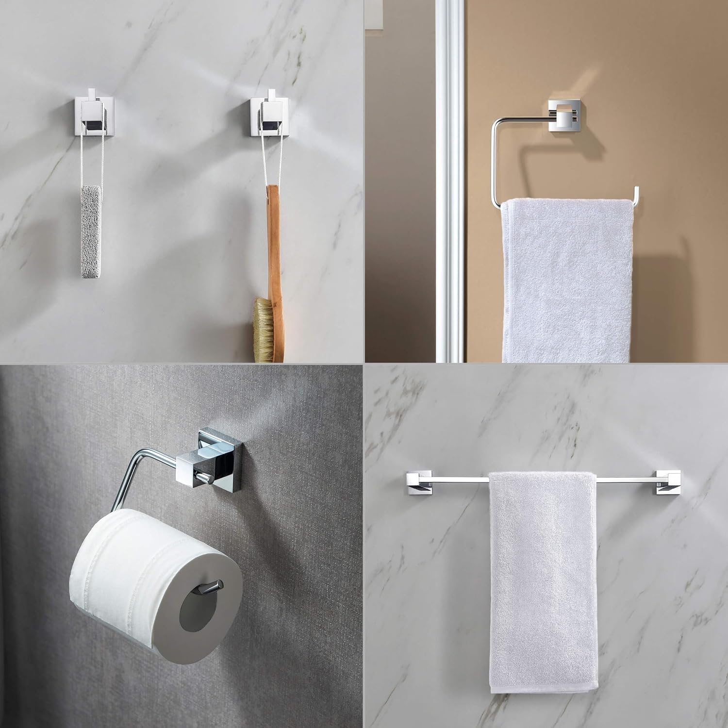 KIBI Cube Bathroom Hardware Set, 5-Piece Accessories Set | 18' Towel Bar, Towel Ring, Toilet Paper Holder, 2 Robe Hooks | Solid Brass Wall Mounted Bathroom Fixtures | Chrome Finish, C-KBA15-5-4