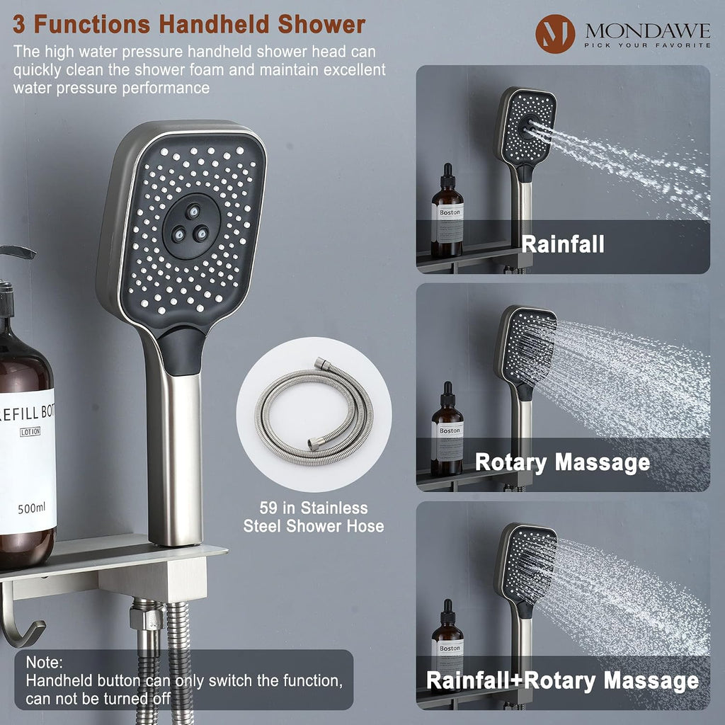 MONDAWE Shower System with Body Jets, 12 Inch Thermostatic Rain Shower System Ceiling Mount, Full Body Spray Shower Jets System with a Shelf, Towel Hooks - Brushed Nickel