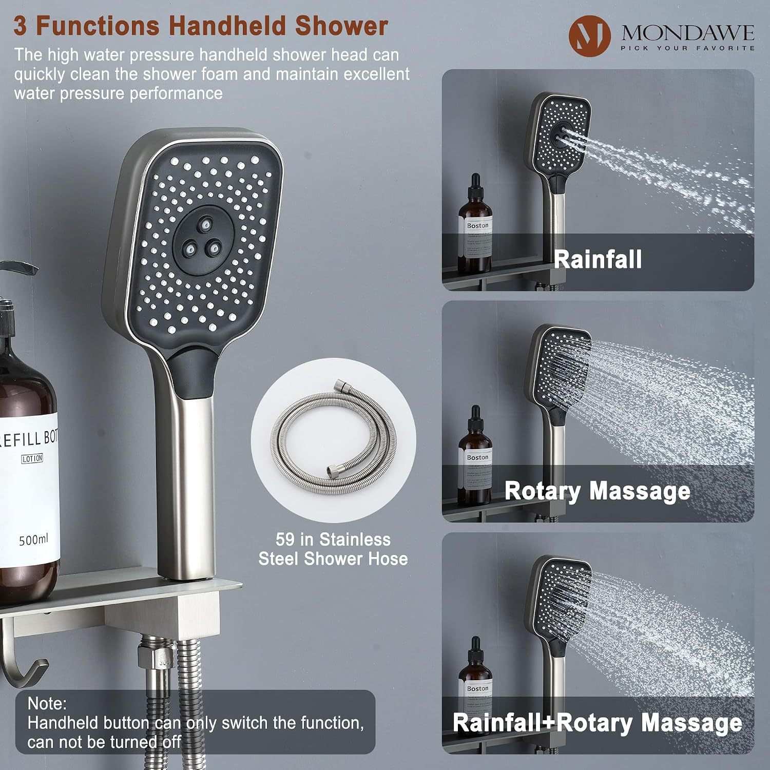 MONDAWE Shower System with Body Jets, 12 Inch Thermostatic Rain Shower System Ceiling Mount, Full Body Spray Shower Jets System with a Shelf, Towel Hooks - Brushed Nickel