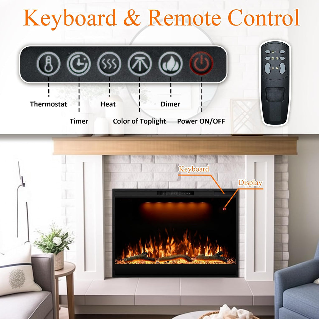 Electric Fireplace Inserts 36inches Wide, Recessed in Wall Fireplace Heater w/Remote Control, 3 Colors Led Top Light& Realistic Flame w/ 5 Brightness, Thermostat, 750W/1500W, Black