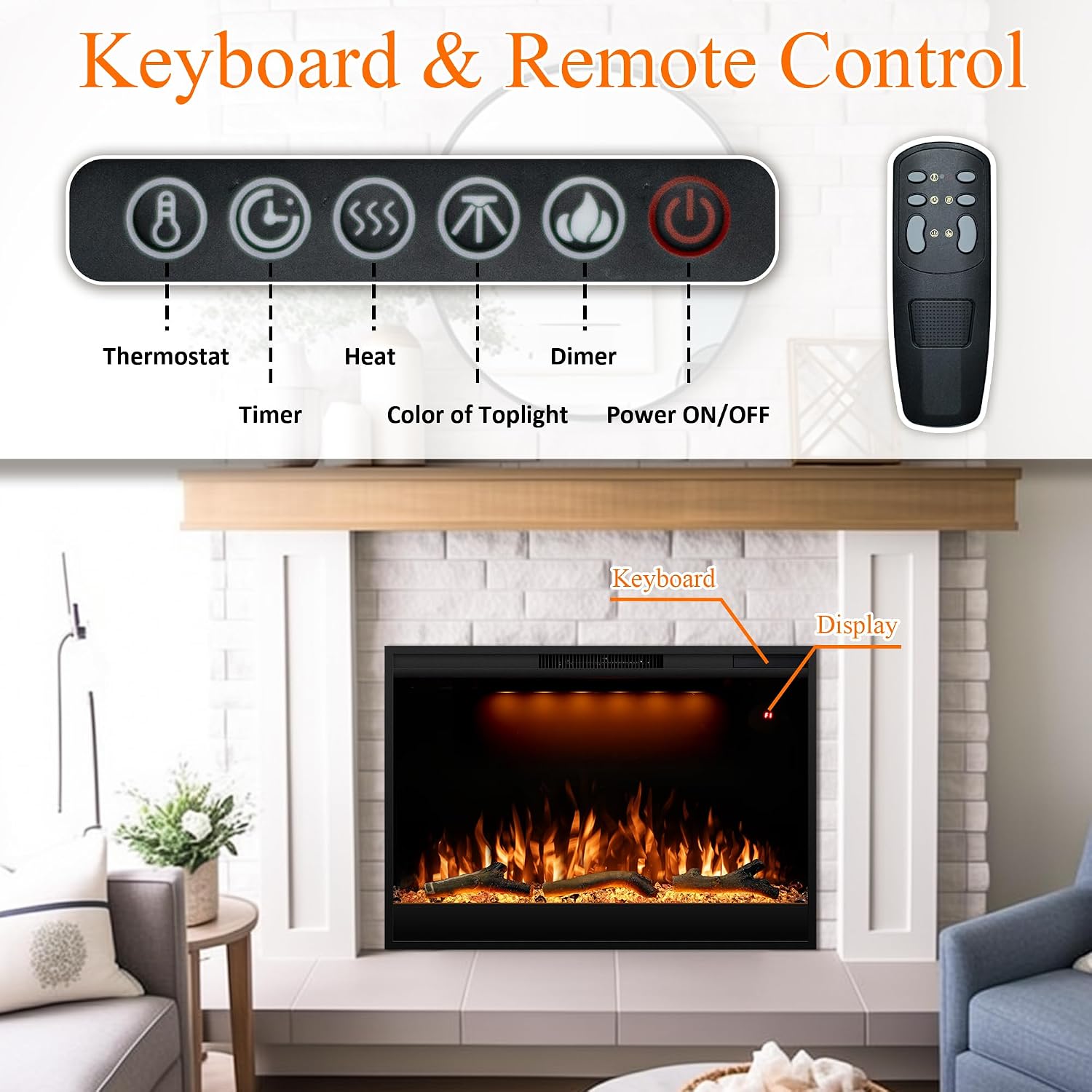 Electric Fireplace Inserts 36inches Wide, Recessed in Wall Fireplace Heater w/Remote Control, 3 Colors Led Top Light& Realistic Flame w/ 5 Brightness, Thermostat, 750W/1500W, Black