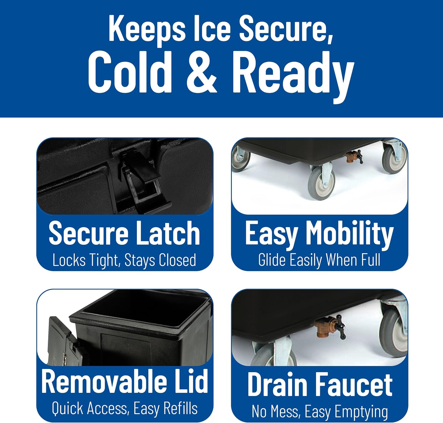 Carlisle FoodService Products Cateraide Ice Caddy on Wheels – 125 LB Tall Ice Cart with Nylex Latches and 2 Swivel Casters, Insulated Commercial Bin for Catering, Bars, and Restaurants – Black