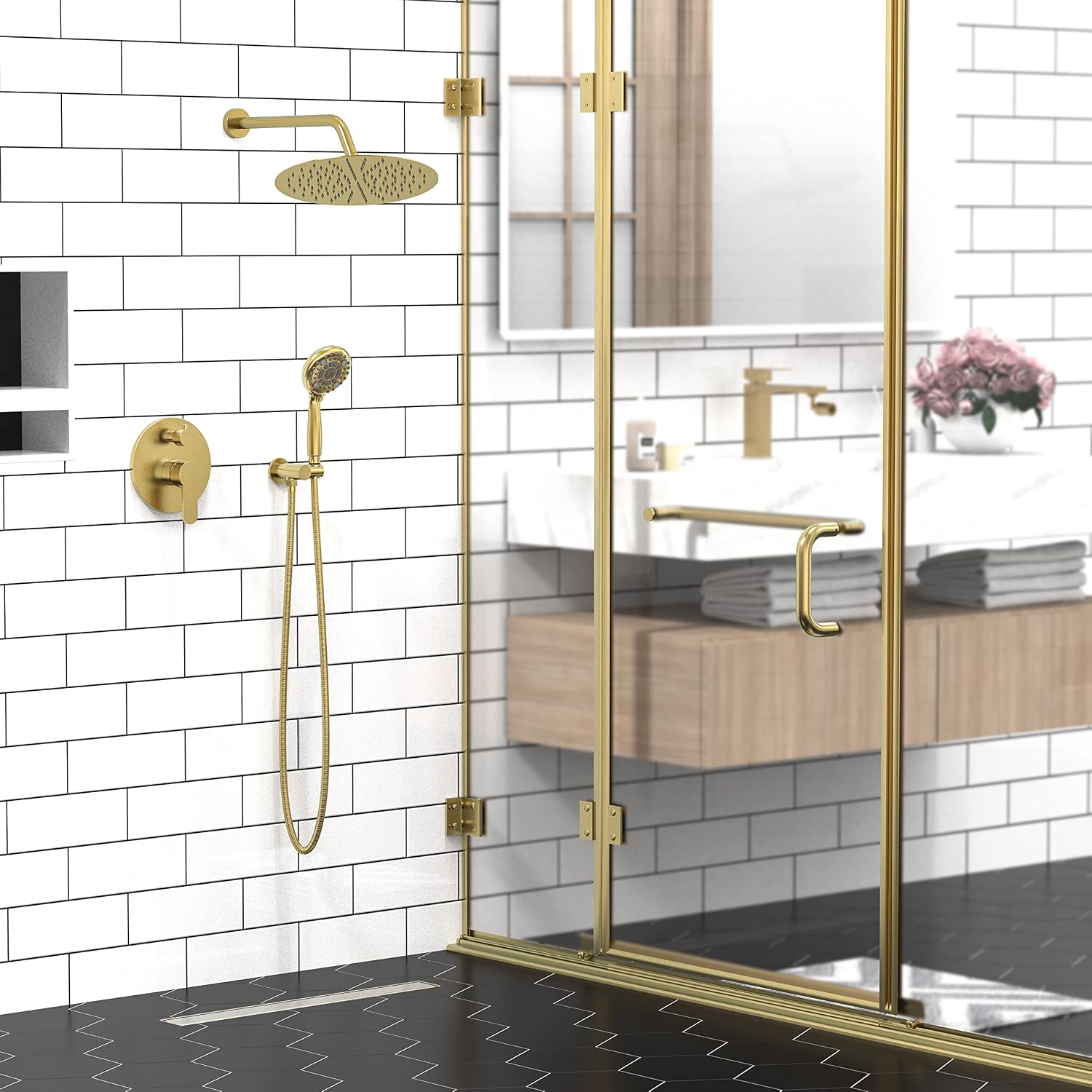 SR SUN RISE Shower Faucet - Multifunctional High Pressure Shower Head System with Handheld Shower Head Fixtures - Valve Included (Brushed Gold, 12 inch)