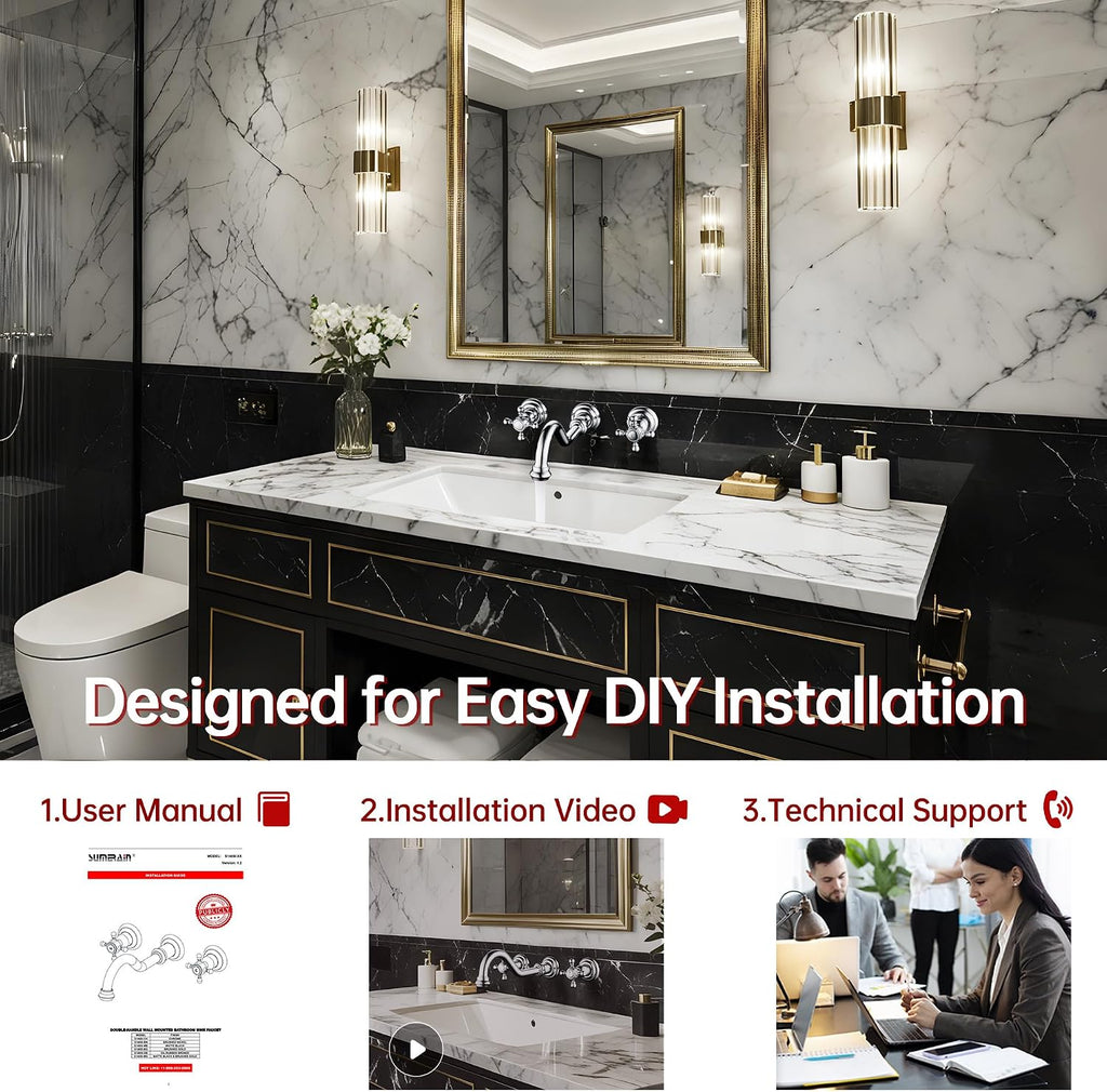 SUMERAIN Wall Mount Vintage Bathroom Vessel Sink Faucet,3 Holes Cross Knobs Brass Lavatory Basin Faucet, Chrome Finish with Included Rough-in Valve