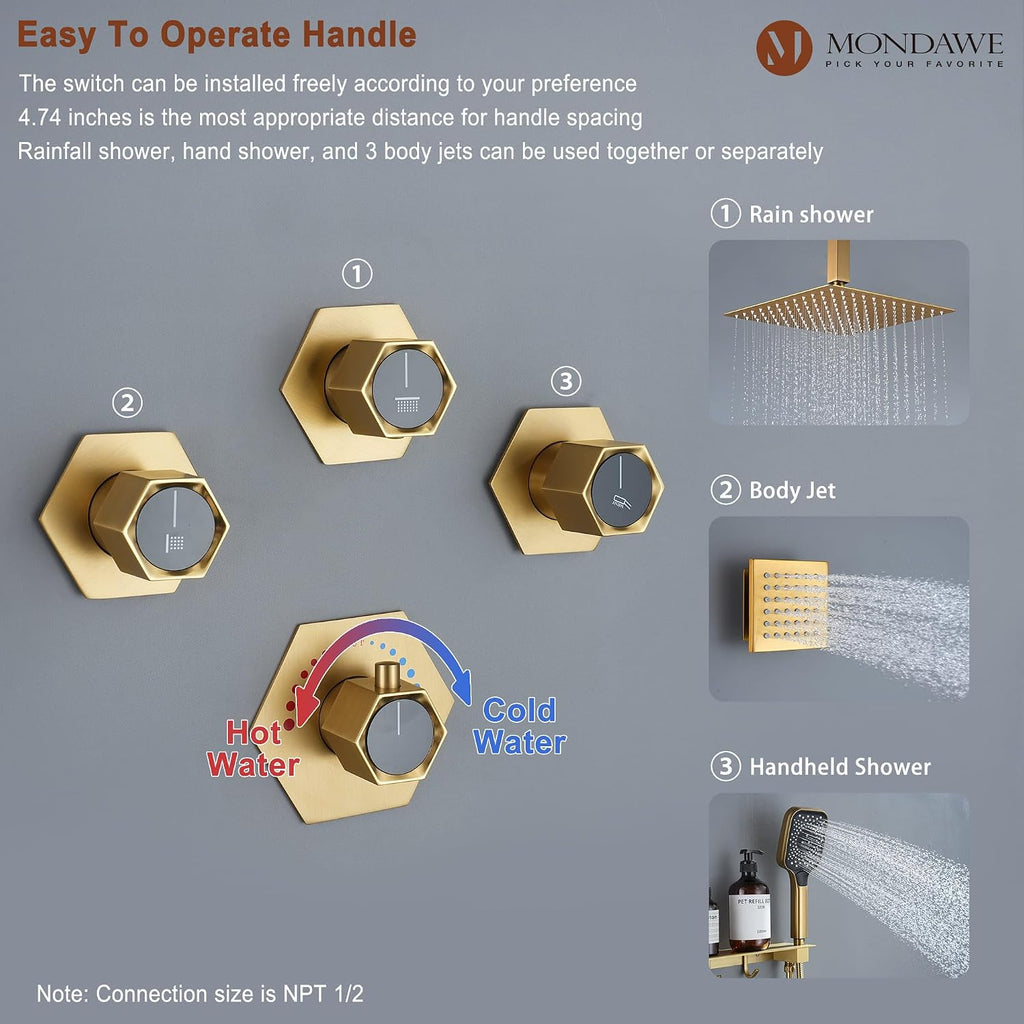 MONDAWE Shower System with Body Jets, 12 Inch Thermostatic Rain Shower System Ceiling Mount, Full Body Spray Shower Jets System with a Shelf, Towel Hooks - Brushed Gold