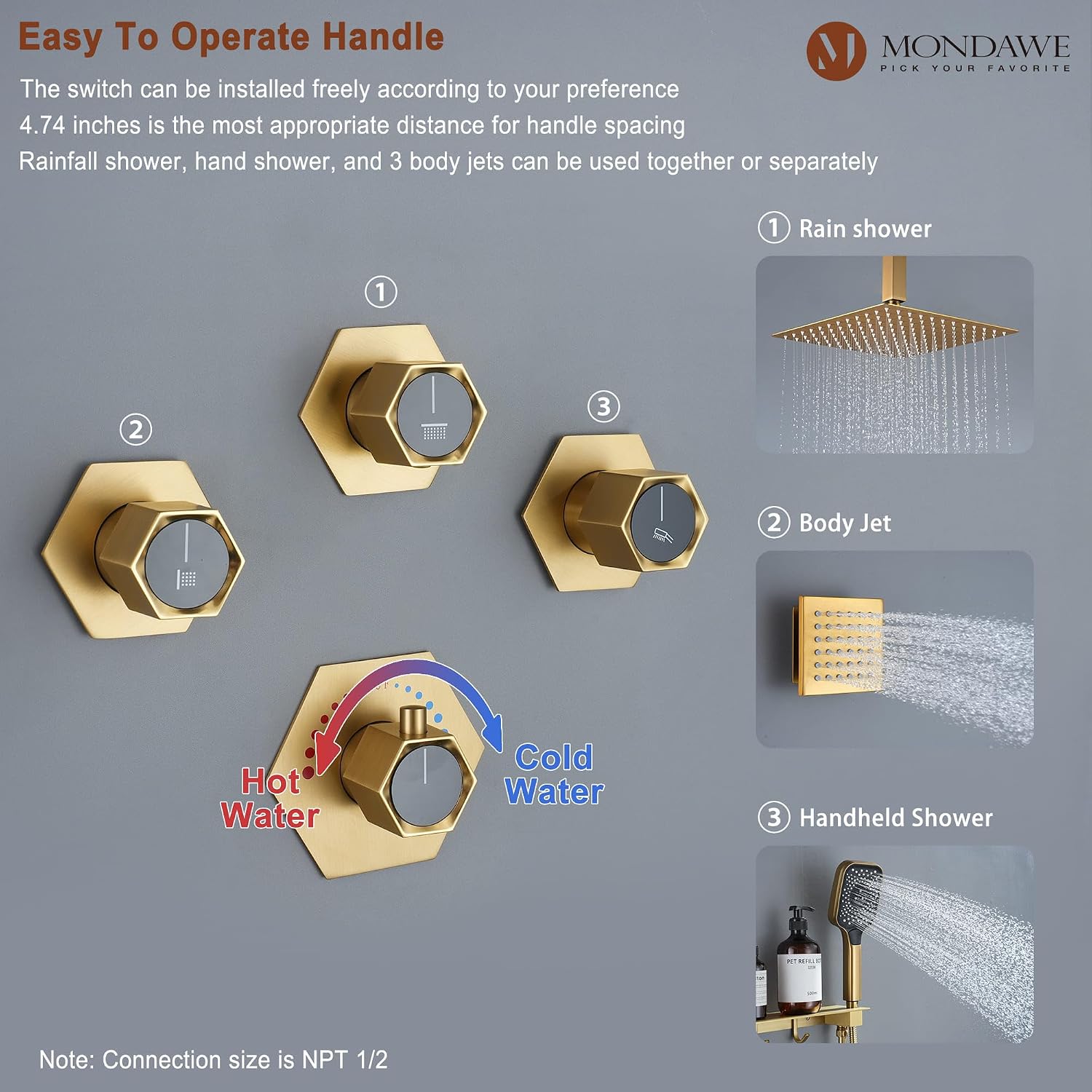 MONDAWE Shower System with Body Jets, 12 Inch Thermostatic Rain Shower System Ceiling Mount, Full Body Spray Shower Jets System with a Shelf, Towel Hooks - Brushed Gold
