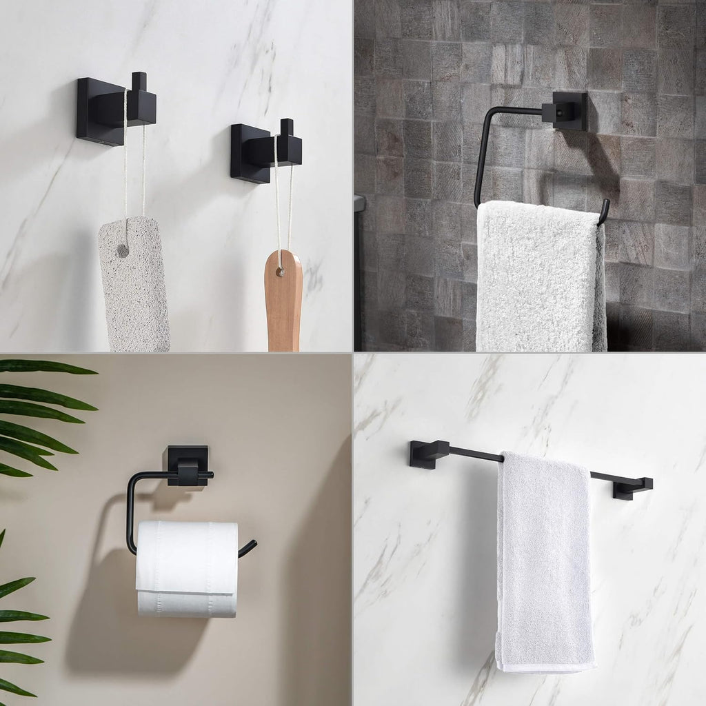 KIBI Cube Bathroom Hardware Set, 5-Piece Accessories Set | 18' Towel Bar, Towel Ring, Toilet Paper Holder, 2 Robe Hooks | Solid Brass Wall Mounted Bathroom Fixtures | Matte Black, C-KBA15-5-4