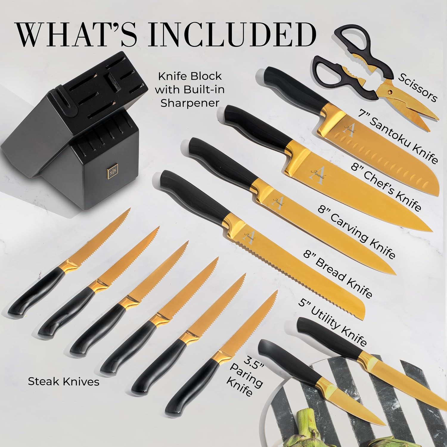 Personalized Black and Gold Knife Set with Block and Sharpener – 14-Piece Custom Engraved Titanium-Coated Gold Knives – Full Tang, Stainless Steel, Ergonomic, Gift-Ready