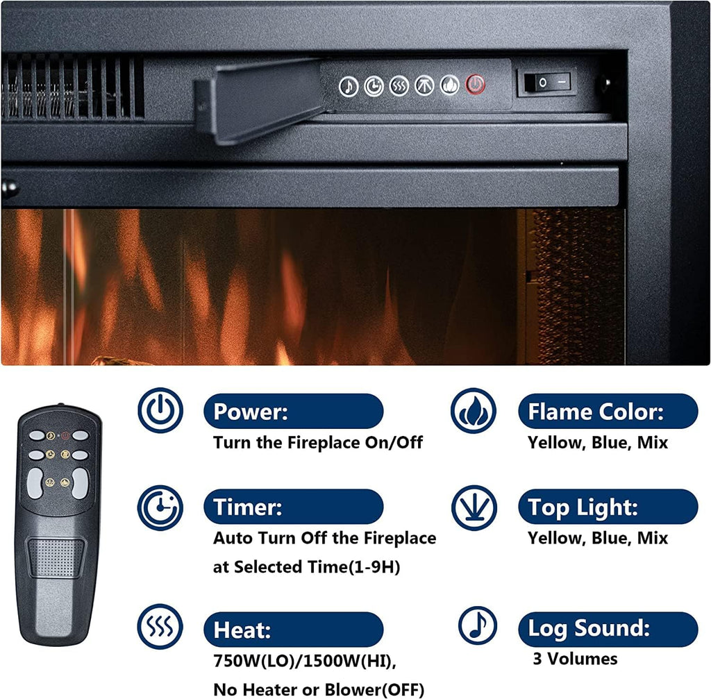 25.4 Inches Electric Fireplace Insert, 750W/1500W Fireplace Heater with Adjustable Flame and Top Light Colors, Fire Crackling Sound, Remote Control, Timer, Glass Door & Mesh Screen, Black