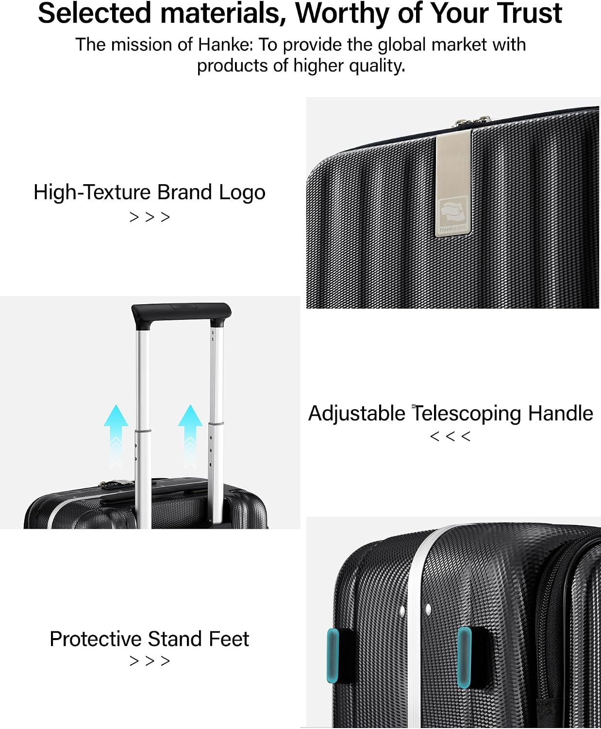 Hanke 20 Inch Carry-On Luggage PC Hard Shell Suitcases for Travel Front Opening Aluminum Frame Travel Luggage Rolling Suitcase with Wheels for Women Man Gifts.(Jet Black)