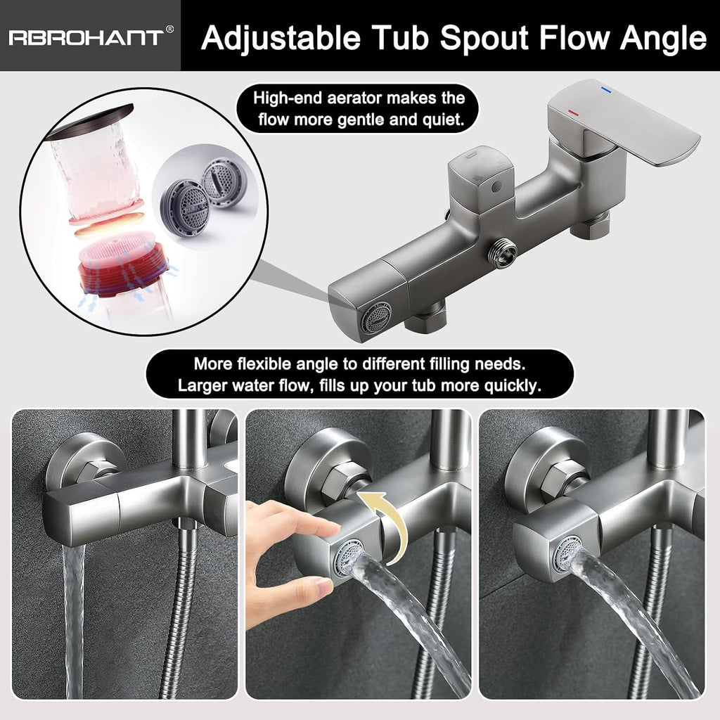RBROHANT Exposed Shower System with Tub Spout, Brushed Nickel Exposed Pipe Shower Faucet with 3 Functions Brass Shower Valve, Shower Height Adjustable, Wall Mounted