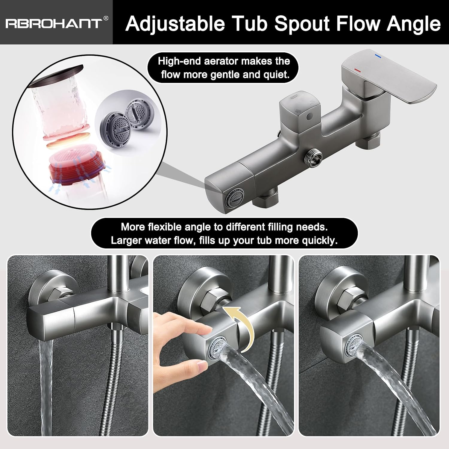 RBROHANT Exposed Shower System with Tub Spout, Brushed Nickel Exposed Pipe Shower Faucet with 3 Functions Brass Shower Valve, Shower Height Adjustable, Wall Mounted