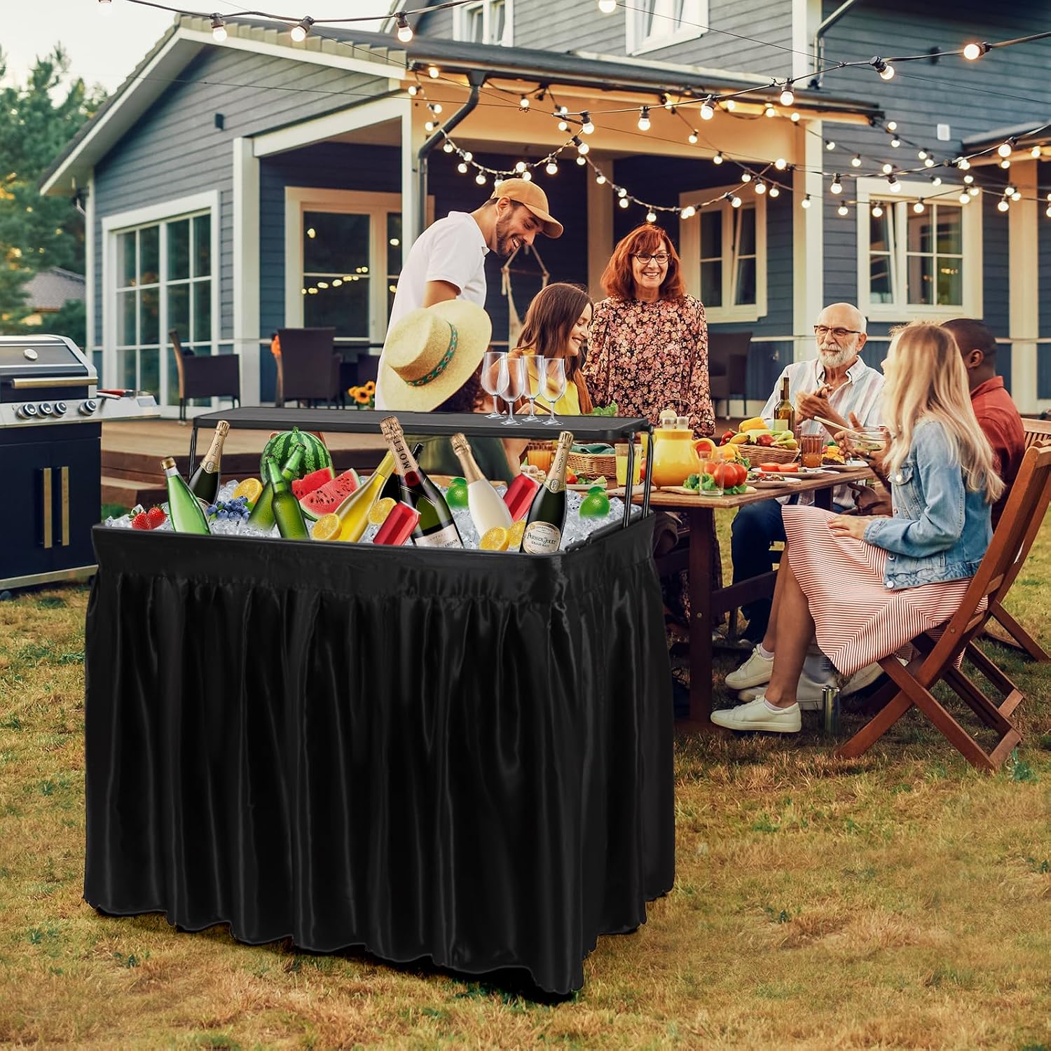 Nice C 4 ft Folding Ice Cooler Table, Party Cooler, Grazing Table with Drain, Bar Cooler Tables, with Matching Skirt, Storage Shelf (Black)