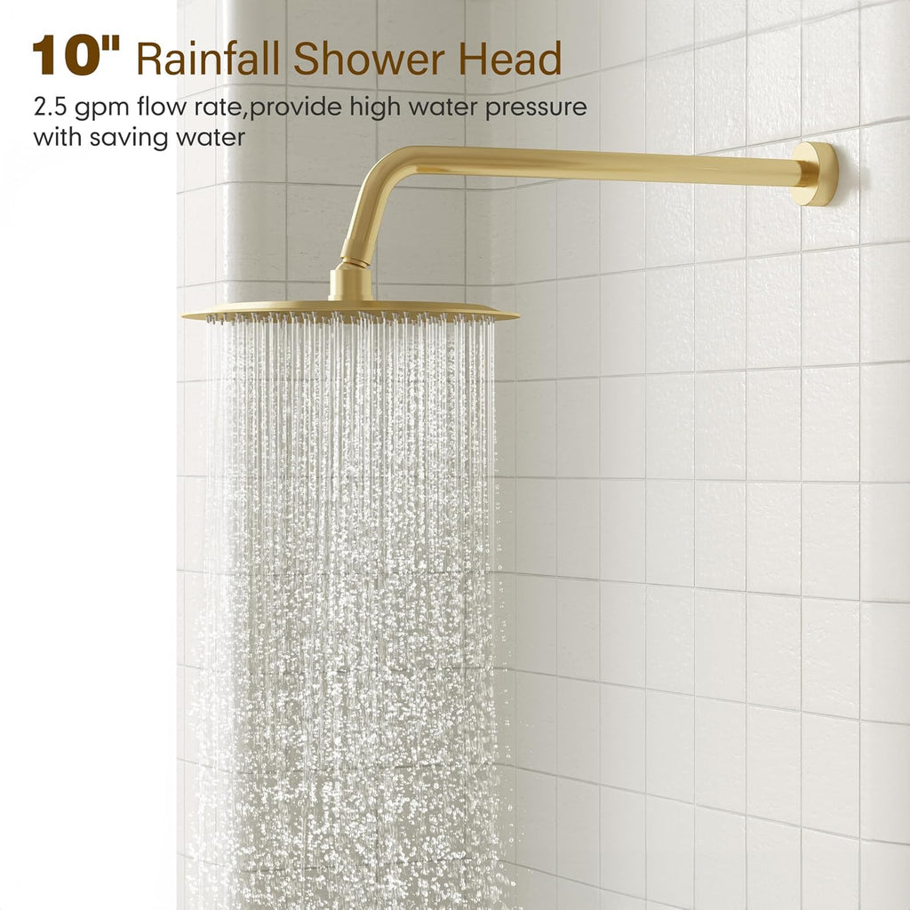 Gabrylly Shower System Gold, Slide Bar Shower Faucet Set with High Pressure 10' Rain Head and 5-Setting Handheld Spray, 2 Way Pressure Balance Valve with Trim Kit, Brushed Gold