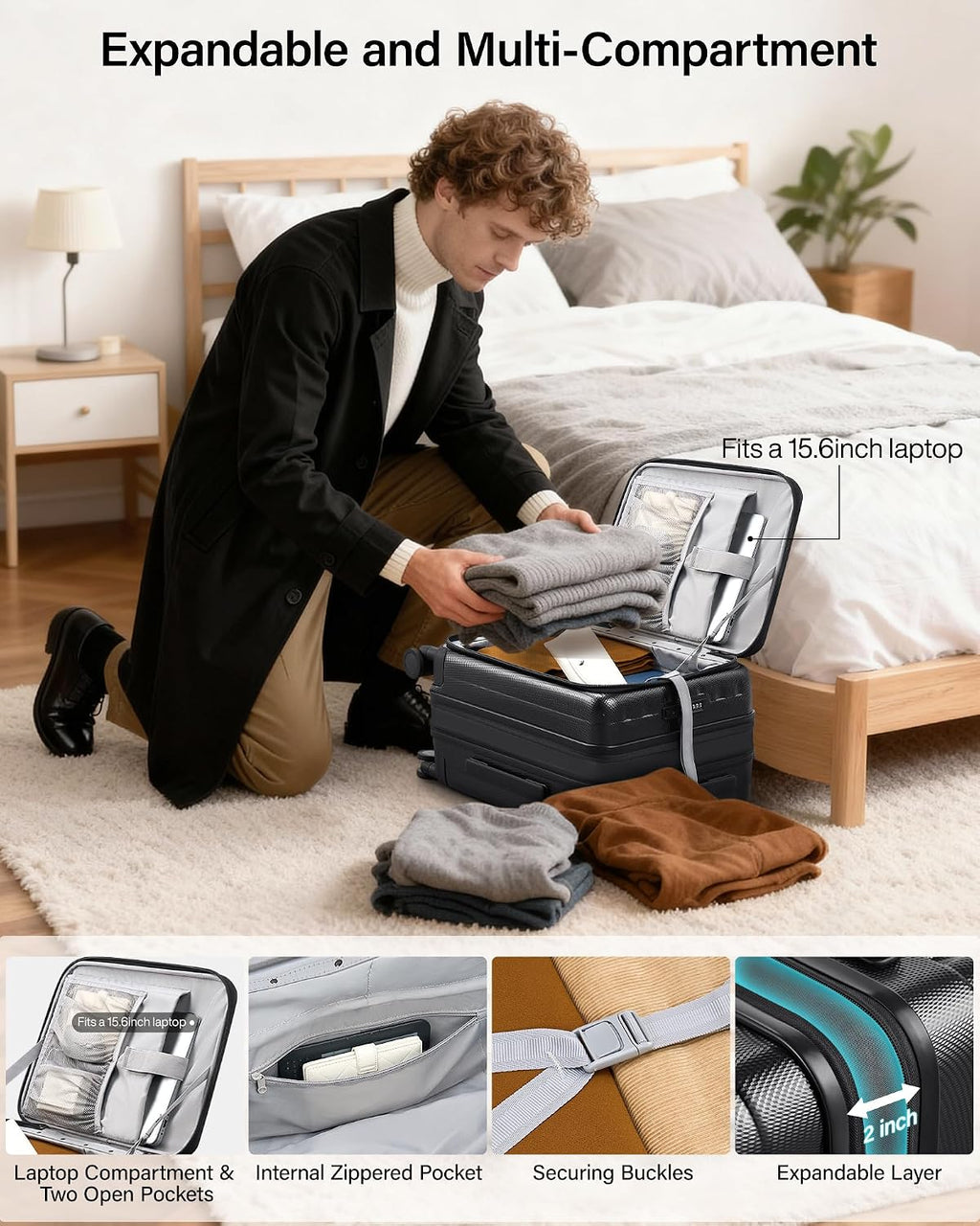 Hanke 20 Inch Expandable Carry On Luggage Airline Approved Top Opening Hard Shell Suitcases with Wheels Lightweight Travel Luggage Carry On Suitcase for Woman Men-Jet Black