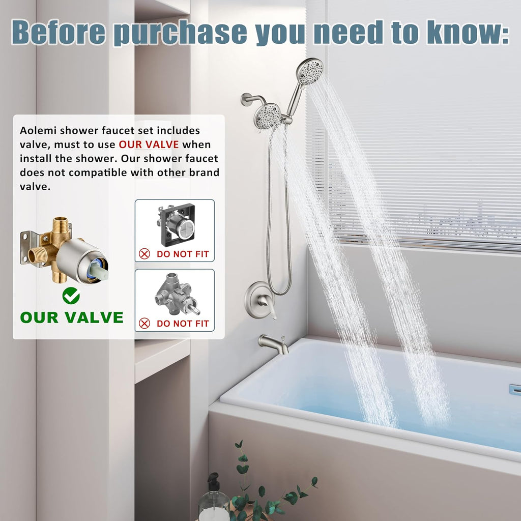 Aolemi Shower Faucet Set with Tub Spout Rain Shower Head System Shower Trim Kit Pressure Rough-in Valve Included ABS 8 Setting Dual Shower Head and Handheld Spray Brushed Nickel