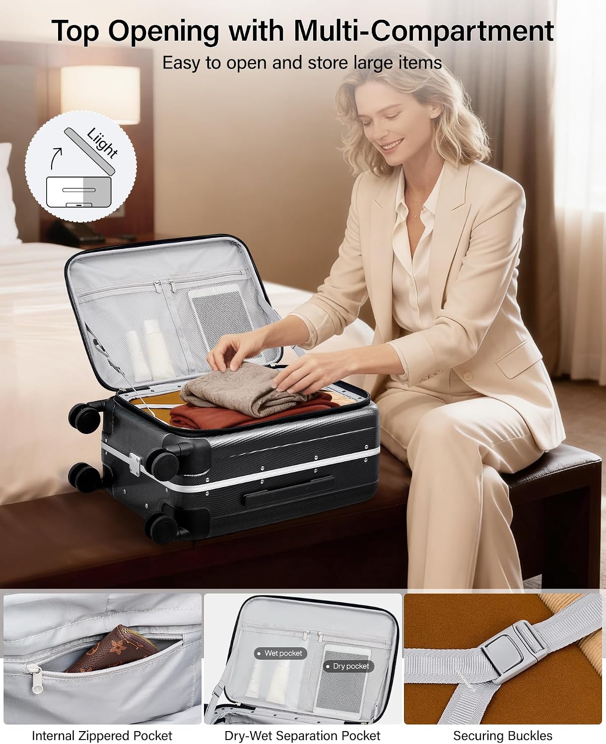 Hanke 20 Inch Carry-On Luggage PC Hard Shell Suitcases for Travel Front Opening Aluminum Frame Travel Luggage Rolling Suitcase with Wheels for Women Man Gifts.(Jet Black)
