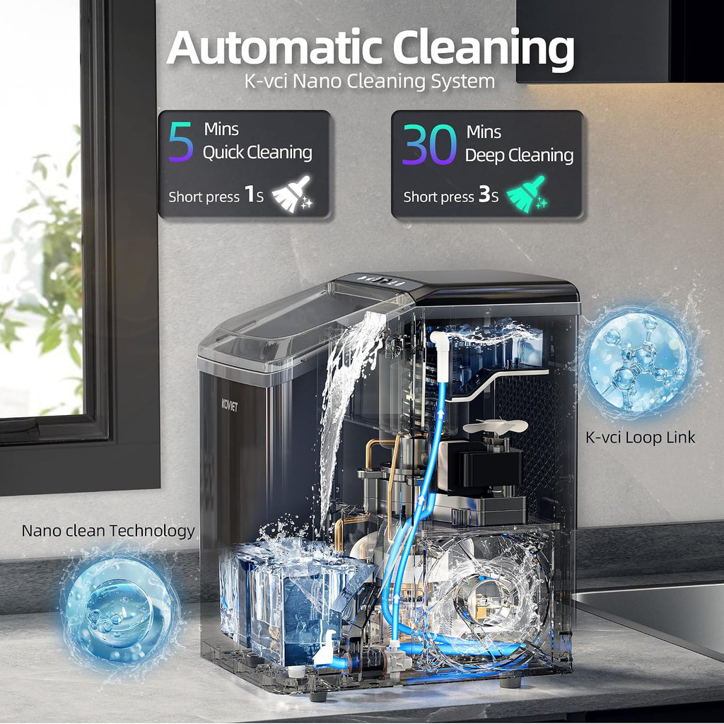 KOVIET Nugget Ice Makers Countertop, Soft Pebble Ice Machine, Chewable Crushed Pellet Ice 42lbs/Day, Self-Cleaning Drainpipe Ice Maker for Party, Home, Kitchen, Bar, Office, Black
