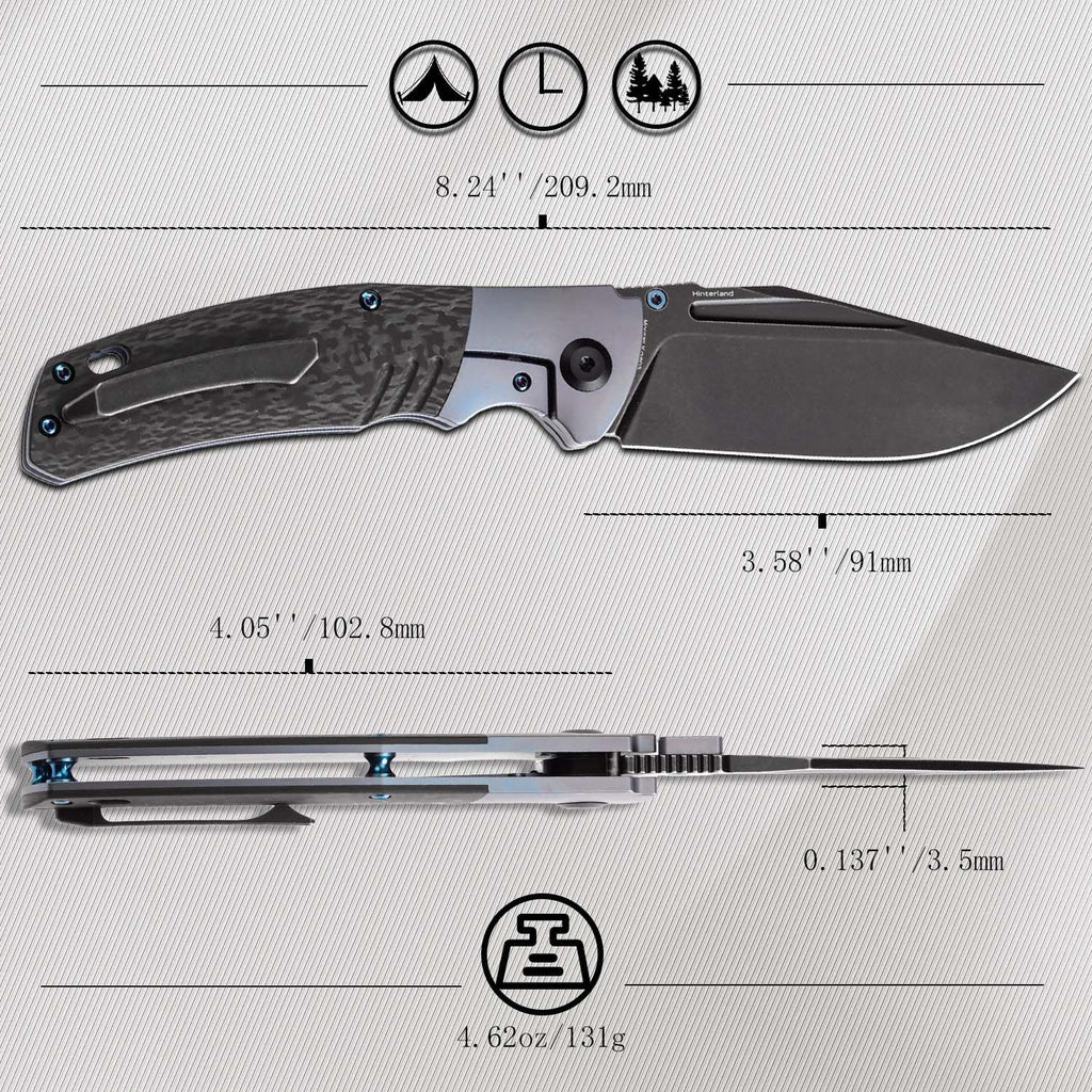 KANSEPT Hinterland Pocket Folding Knives for Men EDC Camping Folding Knife 3.58'' Blackwash CPM S35VN Blade Pocket Folding Knife with Blue Anodized Titanium Twill Carbon Fiber Inlay Handle K1057A1