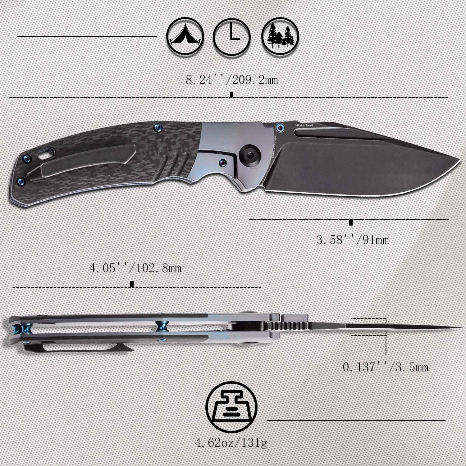 KANSEPT Hinterland Pocket Folding Knives for Men EDC Camping Folding Knife 3.58'' Blackwash CPM S35VN Blade Pocket Folding Knife with Blue Anodized Titanium Twill Carbon Fiber Inlay Handle K1057A1