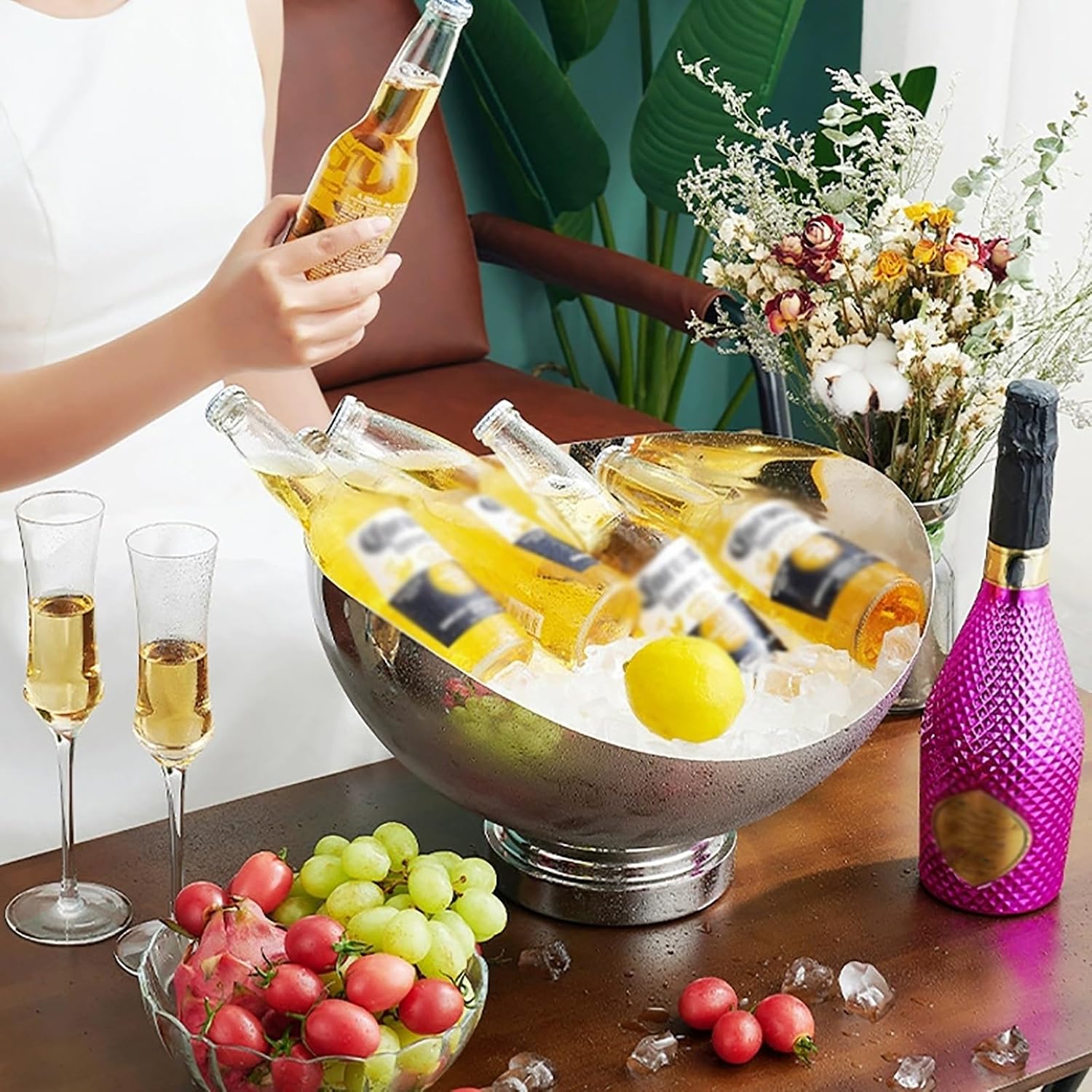 Champagne Bucket, Ice Buckets for Parties, Beer and Cocktail Chiller, Large Capacity, for Home, Bar and Restaurant(Silver)