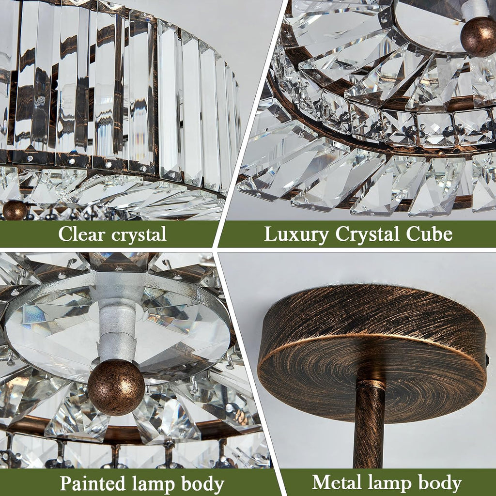 Piepooye 4 Lights Modern Crystal Chandelier Oil Rubbed Bronze Round Semi Flush Mount Ceiling Light Fixture Farmhouse Chandelier for Dinning Room Living Room Bedroom Hallway Entryway Kitchen