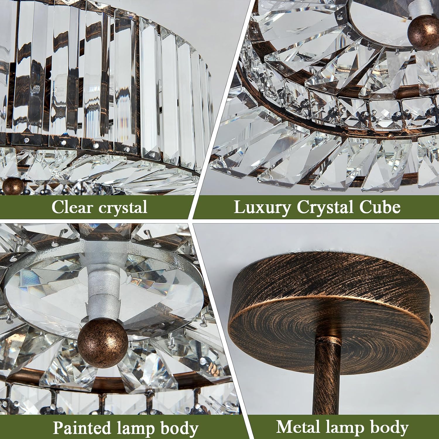 Piepooye 4 Lights Modern Crystal Chandelier Oil Rubbed Bronze Round Semi Flush Mount Ceiling Light Fixture Farmhouse Chandelier for Dinning Room Living Room Bedroom Hallway Entryway Kitchen