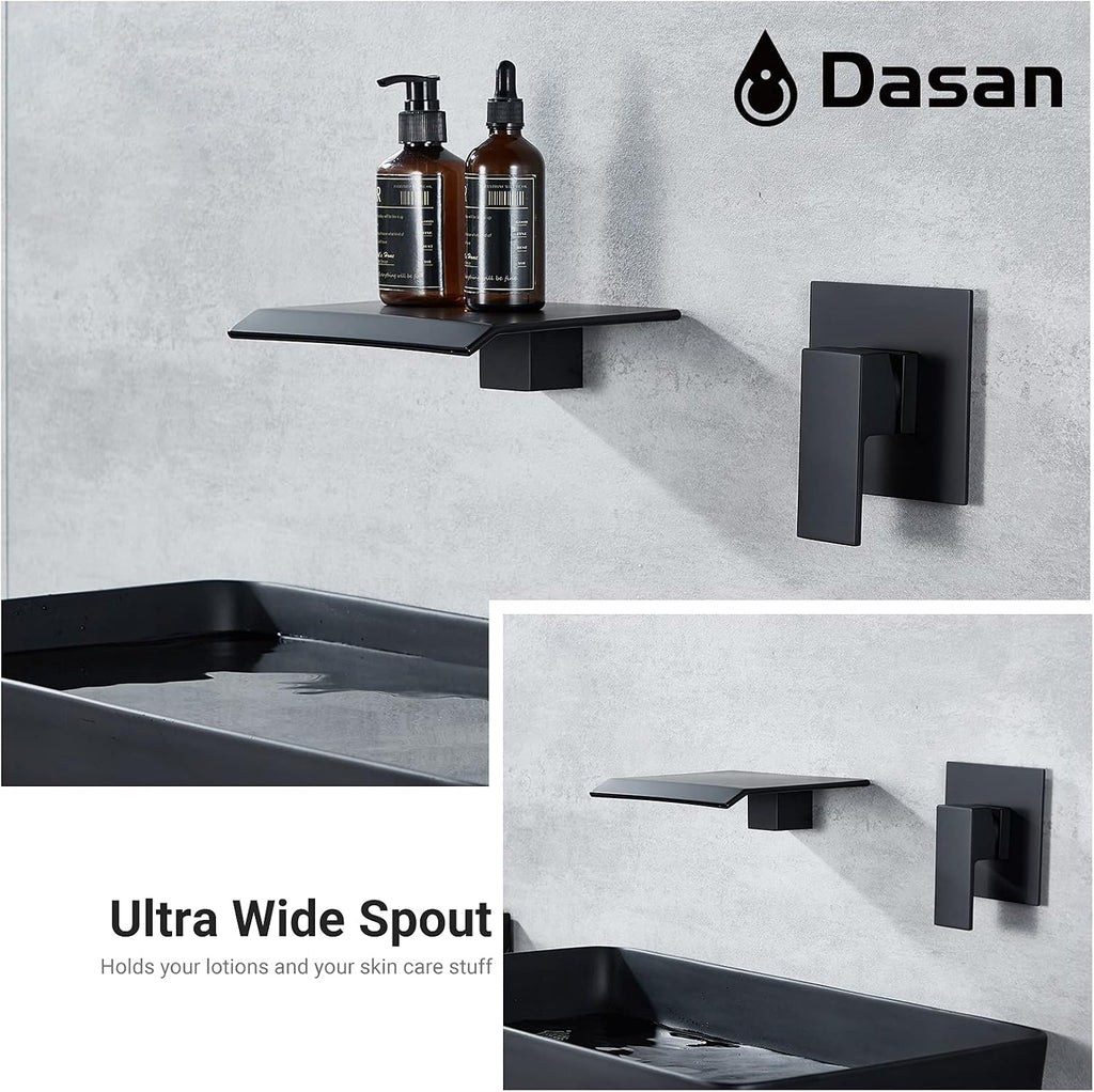 DASAN Wall Mount Waterfall Bathroom Faucet Matte Black in Wall Sink Faucet, Single Handle Wall Mounted Modern Faucet for Bathroom with Upgraded Rough in Valve