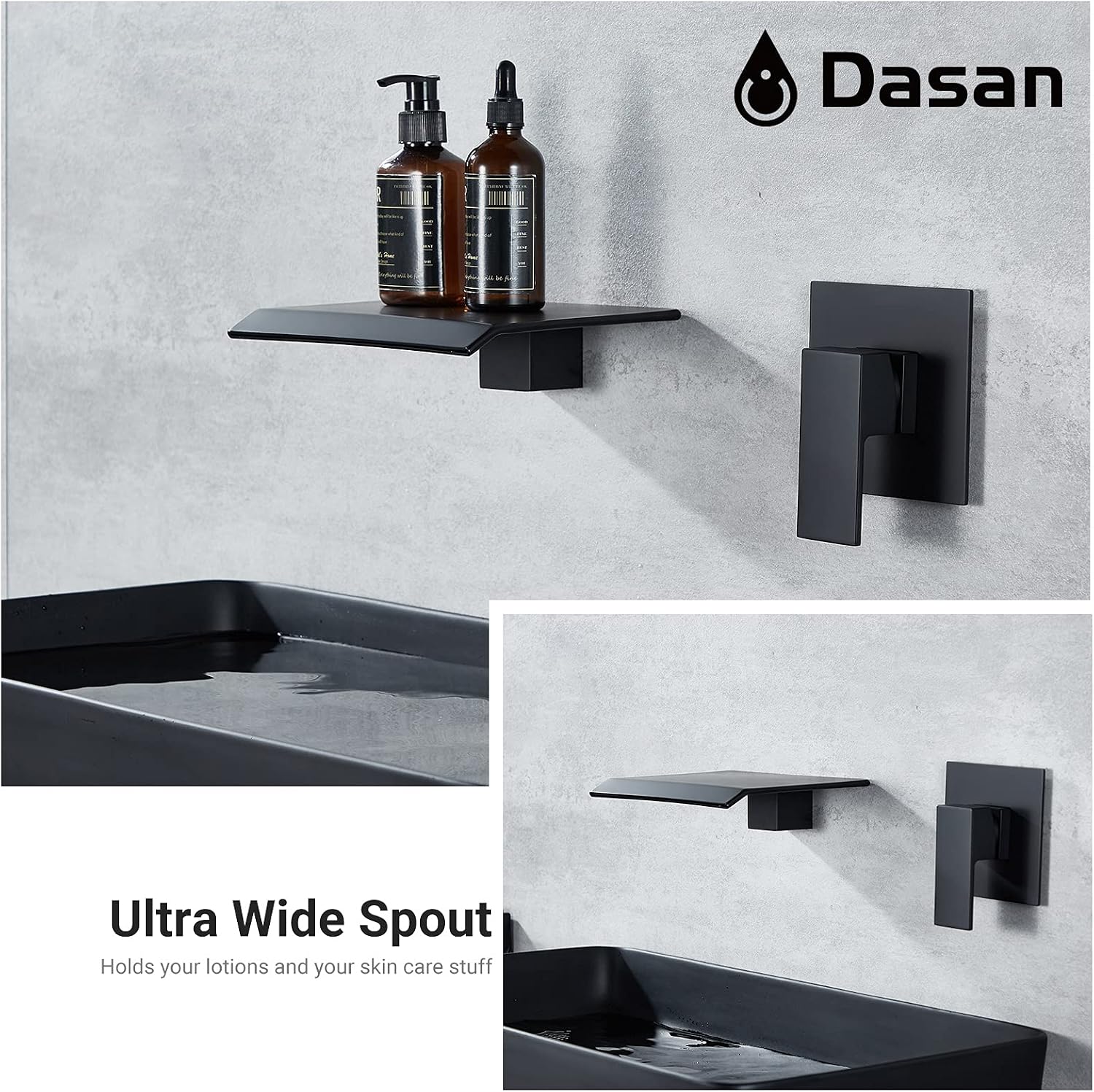 DASAN Wall Mount Waterfall Bathroom Faucet Matte Black in Wall Sink Faucet, Single Handle Wall Mounted Modern Faucet for Bathroom with Upgraded Rough in Valve