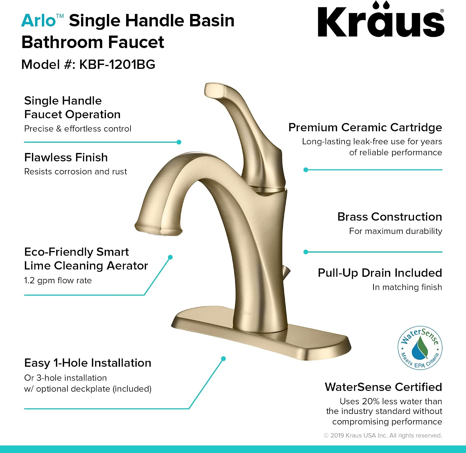 KRAUS KBF-1201BG Arlo Single Handle Basin Bathroom Faucet with Lift Rod Drain and Deck Plate, Brushed Gold