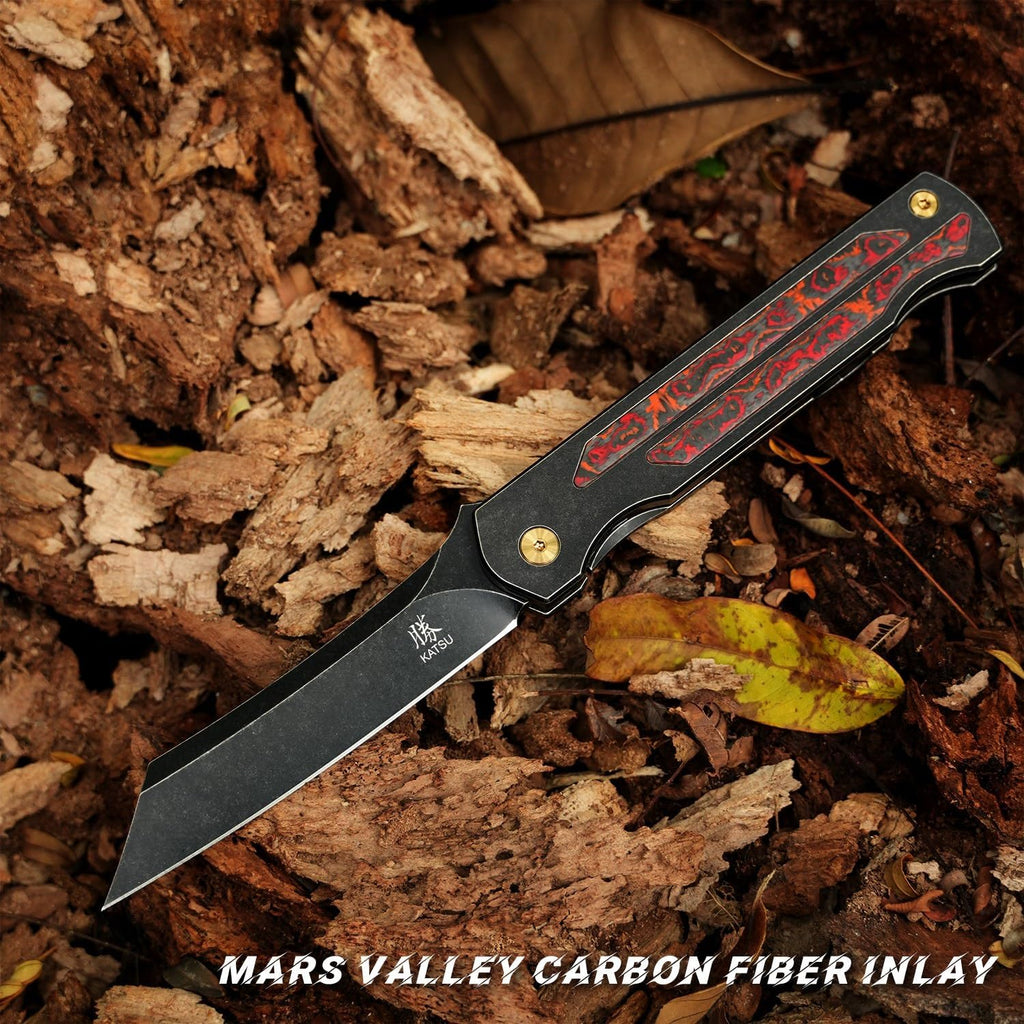 KATSU Camping Pocket Folding Japanese Knife, CPM S35VN Blade, Black Stonewashed Titanium Handle With Mars Valley Fat Carbon Fiber Inlay