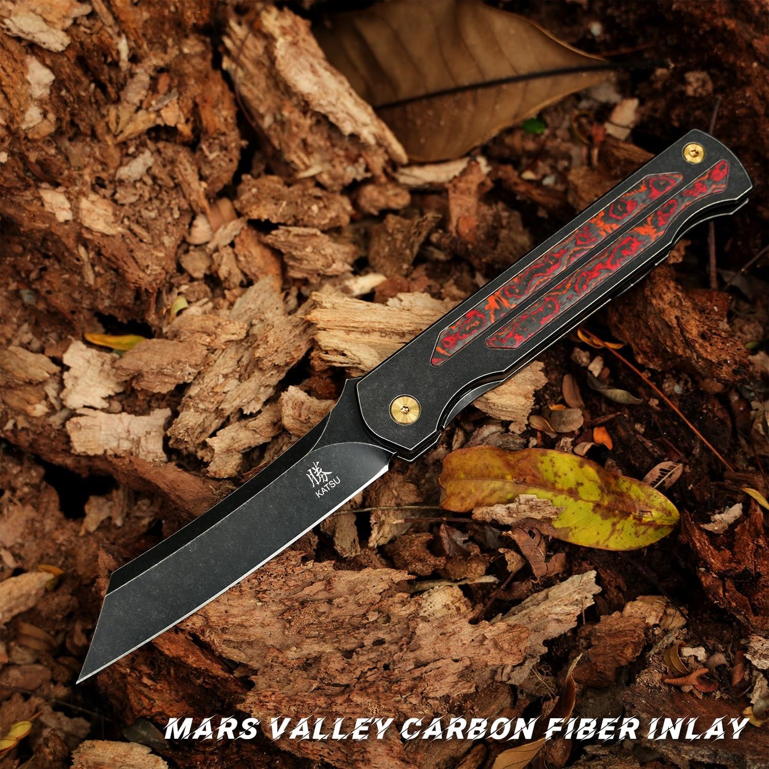 KATSU Camping Pocket Folding Japanese Knife, CPM S35VN Blade, Black Stonewashed Titanium Handle With Mars Valley Fat Carbon Fiber Inlay