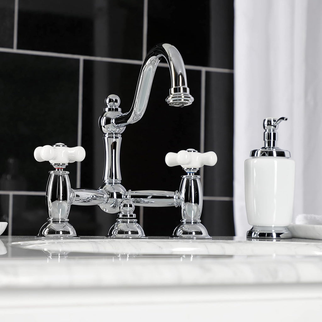 Kingston Brass KS3911PX Restoration Widespread Lavatory Faucet with Porcelain Cross Handle, Polished Chrome